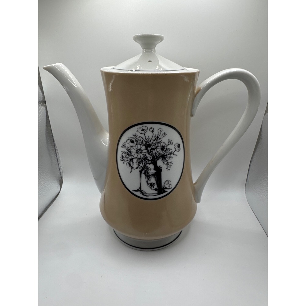 Wellington Floral Art Fine China Coffee Pot Tan Botanical Made in Japan Vintage